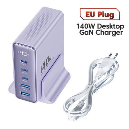 140W Gan USB Charger 5In1 Desktop Fast Charge USB Type C Charger LED Display Charger for Iphone Xiaomi Smartphone Laptop