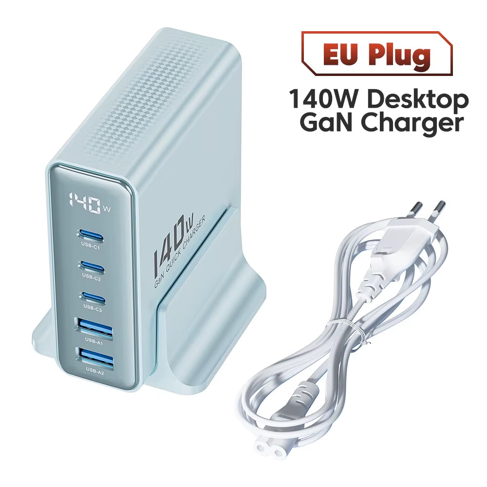 140W Gan USB Charger 5In1 Desktop Fast Charge USB Type C Charger LED Display Charger for Iphone Xiaomi Smartphone Laptop