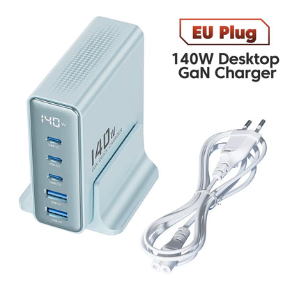 140W Gan USB Charger 5In1 Desktop Fast Charge USB Type C Charger LED Display Charger for Iphone Xiaomi Smartphone Laptop