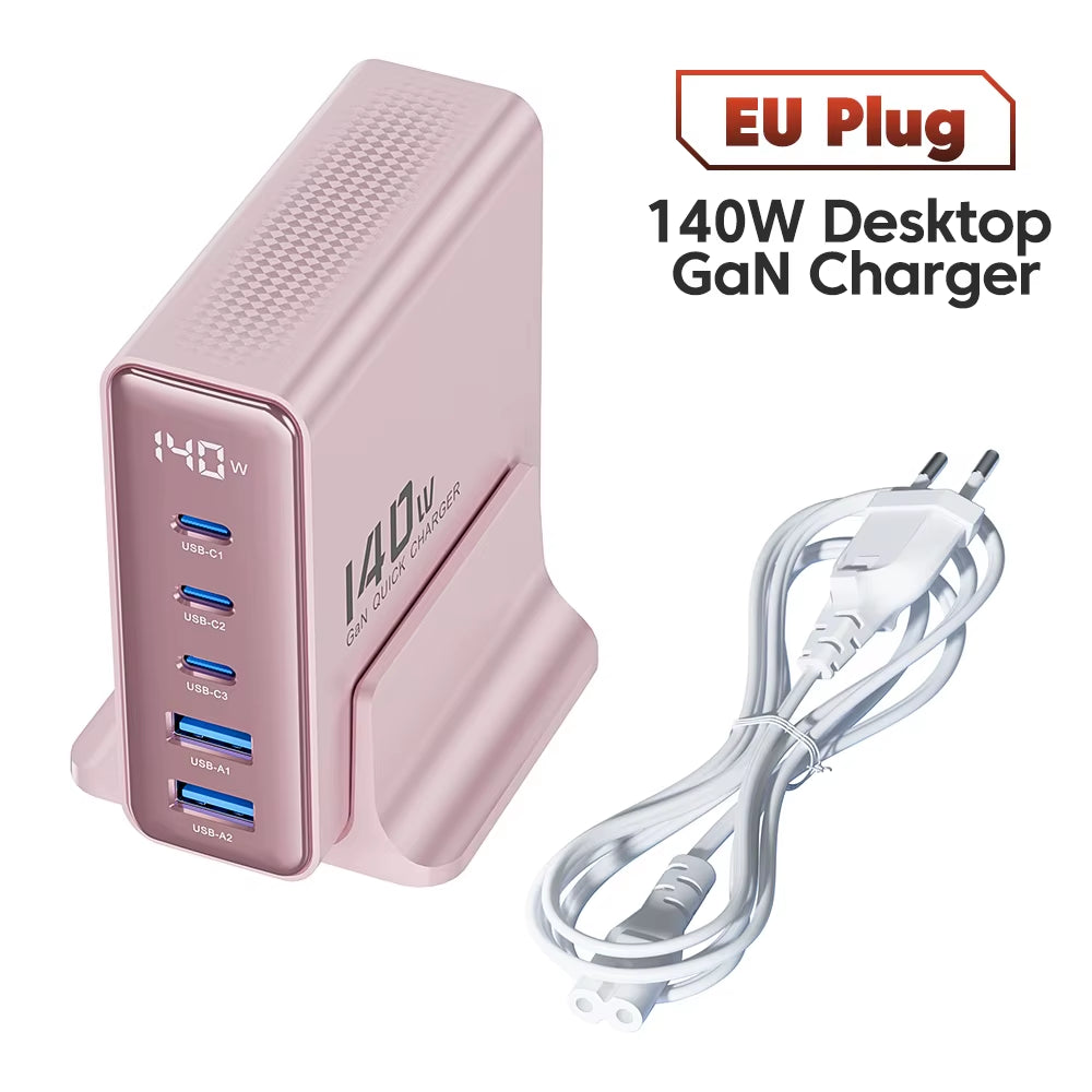 140W Gan USB Charger 5In1 Desktop Fast Charge USB Type C Charger LED Display Charger for Iphone Xiaomi Smartphone Laptop