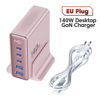 140W Gan USB Charger 5In1 Desktop Fast Charge USB Type C Charger LED Display Charger for Iphone Xiaomi Smartphone Laptop
