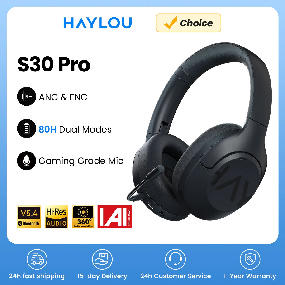 S30 Wireless Bluetooth 5.4 Headphones 43Db Adaptive Noise Cancelling Headsets 40Mm Driver 80H Playtime Earphones